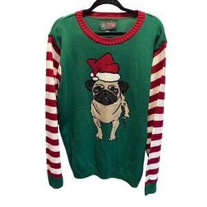 NWT Ugly Christmas Sweater Mens XXL Santa Pug Dog Green Striped Knit Pullover